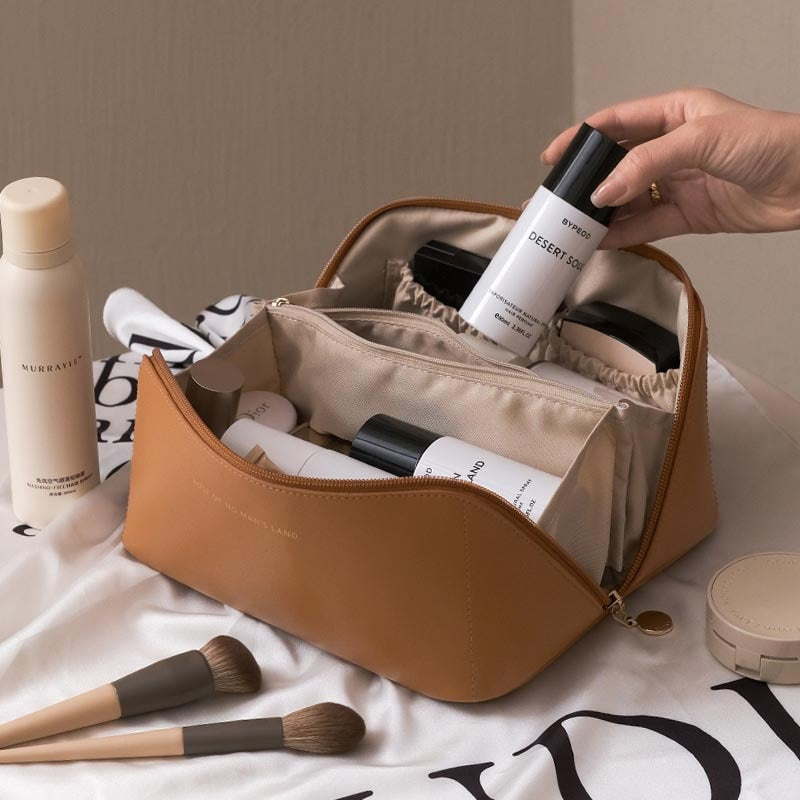 Organize in Style with Luxury Leather Makeup Bag - High Capacity Travel Cosmetic Case!